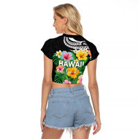 Hawaii Aloha Tropical Leaves and Flower Raglan Cropped T Shirt with Polynesian Art Tattoo Black Color - Polynesian Pride