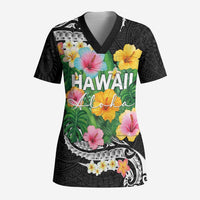 Hawaii Aloha Tropical Leaves and Flower Scrub Top with Polynesian Art Tattoo Black Color - Polynesian Pride