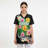 Hawaii Aloha Tropical Leaves and Flower Scrub Top with Polynesian Art Tattoo Black Color - Polynesian Pride