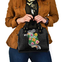 Hawaii Aloha Tropical Leaves and Flower Shoulder Handbag with Polynesian Art Tattoo Black Color - Polynesian Pride