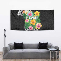 Hawaii Aloha Tropical Leaves and Flower Tapestry with Polynesian Art Tattoo Black Color - Polynesian Pride