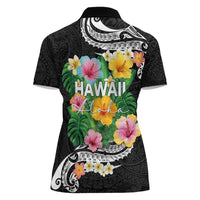 Hawaii Aloha Tropical Leaves and Flower Women Polo Shirt with Polynesian Art Tattoo Black Color - Polynesian Pride