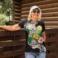 Hawaii Aloha Tropical Leaves and Flower Women Polo Shirt with Polynesian Art Tattoo Black Color - Polynesian Pride