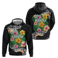 Hawaii Aloha Tropical Leaves and Flower Zip Hoodie with Polynesian Art Tattoo Black Color - Polynesian Pride