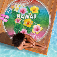 Hawaii Aloha Tropical Leaves and Flower Beach Blanket with Polynesian Art Tattoo Rainbow Color - Polynesian Pride