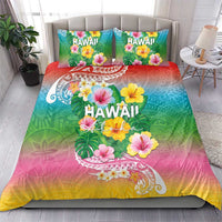 Hawaii Aloha Tropical Leaves and Flower Bedding Set with Polynesian Art Tattoo Rainbow Color - Polynesian Pride