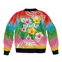 Hawaii Aloha Tropical Leaves and Flower Bomber Jacket with Polynesian Art Tattoo Rainbow Color - Polynesian Pride