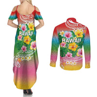 Hawaii Aloha Tropical Leaves and Flower Couples Matching Summer Maxi Dress and Long Sleeve Button Shirt with Polynesian Art Tattoo Rainbow Color - Polynesian Pride
