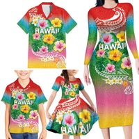 Hawaii Aloha Tropical Leaves and Flower Family Matching Long Sleeve Bodycon Dress and Hawaiian Shirt with Polynesian Art Tattoo Rainbow Color - Polynesian Pride