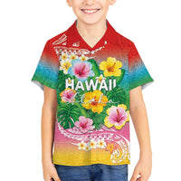 Hawaii Aloha Tropical Leaves and Flower Family Matching Long Sleeve Bodycon Dress and Hawaiian Shirt with Polynesian Art Tattoo Rainbow Color - Polynesian Pride