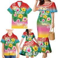 Hawaii Aloha Tropical Leaves and Flower Family Matching Mermaid Dress and Hawaiian Shirt with Polynesian Art Tattoo Rainbow Color - Polynesian Pride