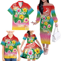 Hawaii Aloha Tropical Leaves and Flower Family Matching Off The Shoulder Long Sleeve Dress and Hawaiian Shirt with Polynesian Art Tattoo Rainbow Color - Polynesian Pride
