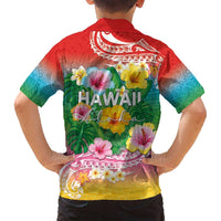 Hawaii Aloha Tropical Leaves and Flower Family Matching Off Shoulder Maxi Dress and Hawaiian Shirt with Polynesian Art Tattoo Rainbow Color - Polynesian Pride
