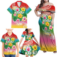 Hawaii Aloha Tropical Leaves and Flower Family Matching Off Shoulder Maxi Dress and Hawaiian Shirt with Polynesian Art Tattoo Rainbow Color - Polynesian Pride