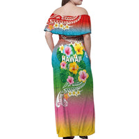 Hawaii Aloha Tropical Leaves and Flower Family Matching Off Shoulder Maxi Dress and Hawaiian Shirt with Polynesian Art Tattoo Rainbow Color - Polynesian Pride