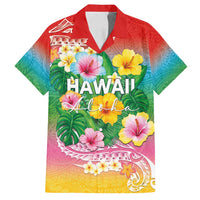 Hawaii Aloha Tropical Leaves and Flower Family Matching Off Shoulder Short Dress and Hawaiian Shirt with Polynesian Art Tattoo Rainbow Color - Polynesian Pride