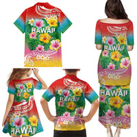 Hawaii Aloha Tropical Leaves and Flower Family Matching Puletasi and Hawaiian Shirt with Polynesian Art Tattoo Rainbow Color - Polynesian Pride