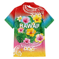 Hawaii Aloha Tropical Leaves and Flower Family Matching Tank Maxi Dress and Hawaiian Shirt with Polynesian Art Tattoo Rainbow Color - Polynesian Pride