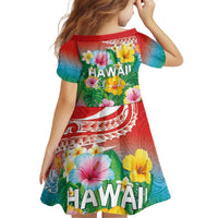 Hawaii Aloha Tropical Leaves and Flower Kid Short Sleeve Dress with Polynesian Art Tattoo Rainbow Color - Polynesian Pride