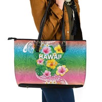 Hawaii Aloha Tropical Leaves and Flower Leather Tote Bag with Polynesian Art Tattoo Rainbow Color - Polynesian Pride