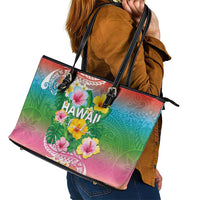 Hawaii Aloha Tropical Leaves and Flower Leather Tote Bag with Polynesian Art Tattoo Rainbow Color - Polynesian Pride