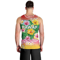 Hawaii Aloha Tropical Leaves and Flower Men Tank Top with Polynesian Art Tattoo Rainbow Color - Polynesian Pride
