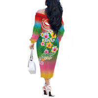 Hawaii Aloha Tropical Leaves and Flower Off The Shoulder Long Sleeve Dress with Polynesian Art Tattoo Rainbow Color - Polynesian Pride