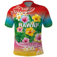 Hawaii Aloha Tropical Leaves and Flower Polo Shirt with Polynesian Art Tattoo Rainbow Color - Polynesian Pride