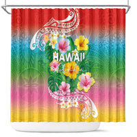 Hawaii Aloha Tropical Leaves and Flower Shower Curtain with Polynesian Art Tattoo Rainbow Color - Polynesian Pride