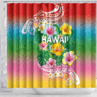 Hawaii Aloha Tropical Leaves and Flower Shower Curtain with Polynesian Art Tattoo Rainbow Color - Polynesian Pride