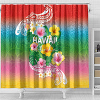 Hawaii Aloha Tropical Leaves and Flower Shower Curtain with Polynesian Art Tattoo Rainbow Color - Polynesian Pride