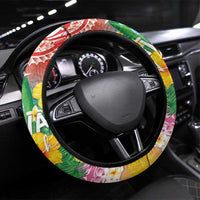 Hawaii Aloha Tropical Leaves and Flower Steering Wheel Cover with Polynesian Art Tattoo Rainbow Color - Polynesian Pride
