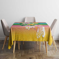 Hawaii Aloha Tropical Leaves and Flower Tablecloth with Polynesian Art Tattoo Rainbow Color - Polynesian Pride