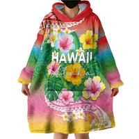 Hawaii Aloha Tropical Leaves and Flower Wearable Blanket Hoodie with Polynesian Art Tattoo Rainbow Color - Polynesian Pride
