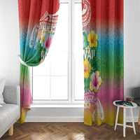 Hawaii Aloha Tropical Leaves and Flower Window Curtain with Polynesian Art Tattoo Rainbow Color - Polynesian Pride
