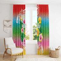 Hawaii Aloha Tropical Leaves and Flower Window Curtain with Polynesian Art Tattoo Rainbow Color - Polynesian Pride