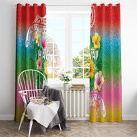Hawaii Aloha Tropical Leaves and Flower Window Curtain with Polynesian Art Tattoo Rainbow Color - Polynesian Pride