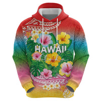 Hawaii Aloha Tropical Leaves and Flower Zip Hoodie with Polynesian Art Tattoo Rainbow Color - Polynesian Pride