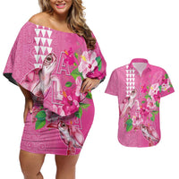 Hawaii Aloha Turtle Hibiscus and Leaves Couples Matching Off Shoulder Short Dress and Hawaiian Shirt with Polynesian and Kakau Tattoos Rose Color - Polynesian Pride