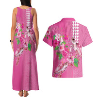 Hawaii Aloha Turtle Hibiscus and Leaves Couples Matching Tank Maxi Dress and Hawaiian Shirt with Polynesian and Kakau Tattoos Rose Color - Polynesian Pride