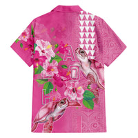 Hawaii Aloha Turtle Hibiscus and Leaves Family Matching Off The Shoulder Long Sleeve Dress and Hawaiian Shirt with Polynesian and Kakau Tattoos Rose Color - Polynesian Pride