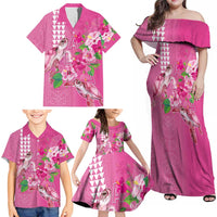 Hawaii Aloha Turtle Hibiscus and Leaves Family Matching Off Shoulder Maxi Dress and Hawaiian Shirt with Polynesian and Kakau Tattoos Rose Color - Polynesian Pride