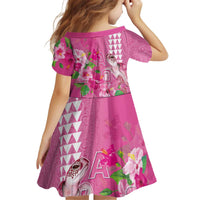 Hawaii Aloha Turtle Hibiscus and Leaves Kid Short Sleeve Dress with Polynesian and Kakau Tattoos Rose Color - Polynesian Pride