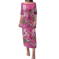 Hawaii Aloha Turtle Hibiscus and Leaves Puletasi with Polynesian and Kakau Tattoos Rose Color - Polynesian Pride