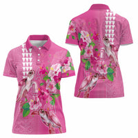 Hawaii Aloha Turtle Hibiscus and Leaves Women Polo Shirt with Polynesian and Kakau Tattoos Rose Color - Polynesian Pride