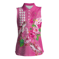 Hawaii Aloha Turtle Hibiscus and Leaves Women Sleeveless Polo Shirt with Polynesian and Kakau Tattoos Rose Color - Polynesian Pride