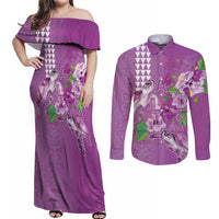Hawaii Aloha Turtle Hibiscus and Leaves Couples Matching Off Shoulder Maxi Dress and Long Sleeve Button Shirt with Polynesian and Kakau Tattoos Lilac Color - Polynesian Pride