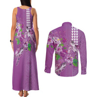 Hawaii Aloha Turtle Hibiscus and Leaves Couples Matching Tank Maxi Dress and Long Sleeve Button Shirt with Polynesian and Kakau Tattoos Lilac Color - Polynesian Pride