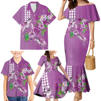 Hawaii Aloha Turtle Hibiscus and Leaves Family Matching Mermaid Dress and Hawaiian Shirt with Polynesian and Kakau Tattoos Lilac Color - Polynesian Pride