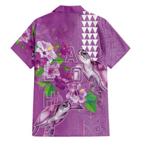 Hawaii Aloha Turtle Hibiscus and Leaves Family Matching Off The Shoulder Long Sleeve Dress and Hawaiian Shirt with Polynesian and Kakau Tattoos Lilac Color - Polynesian Pride